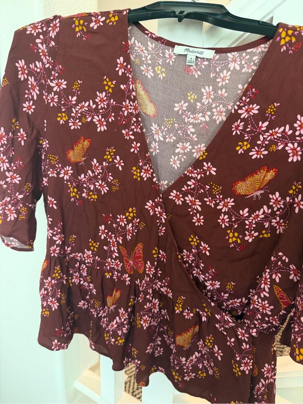 Madewell Maroon Floral Wrap Top with Pink & Yellow Accents